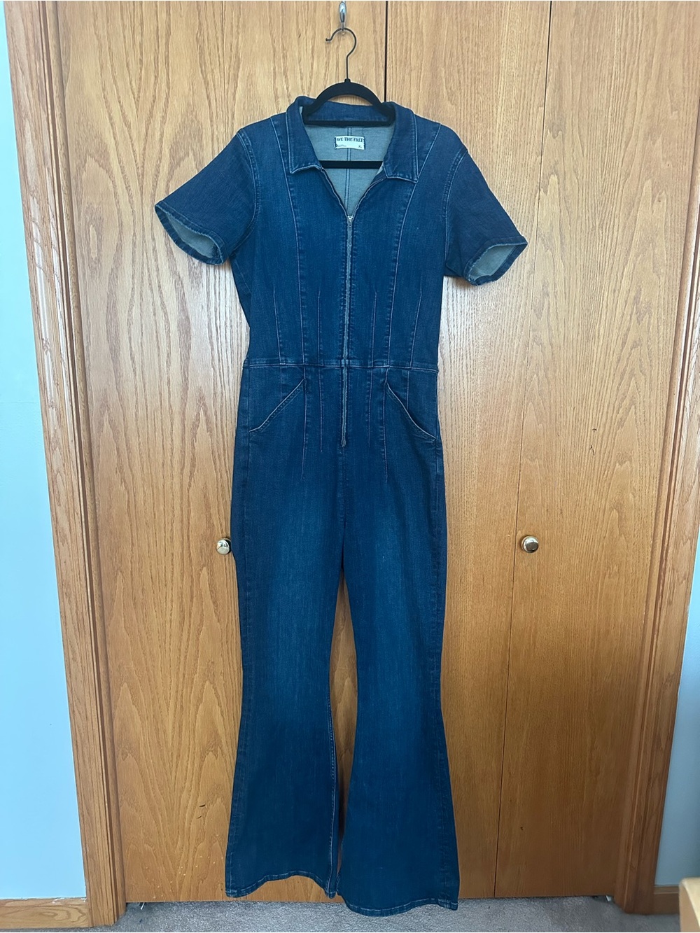 We The Free Dark Blue Denim Short-Sleeve Jumpsuit